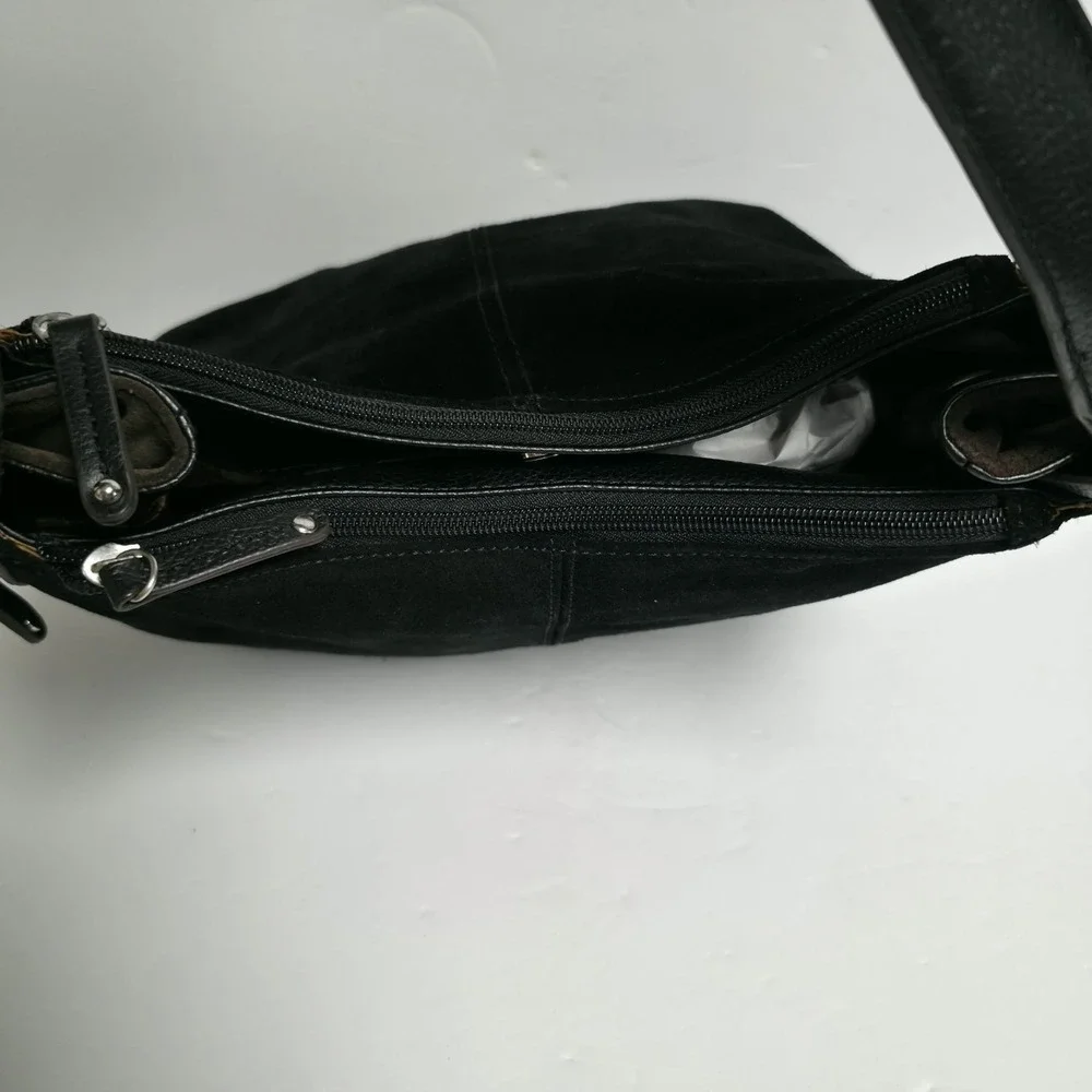 Tignanello Black Suede Leather Shoulder Bag Hobo Purse Panel Stitch Zip Top